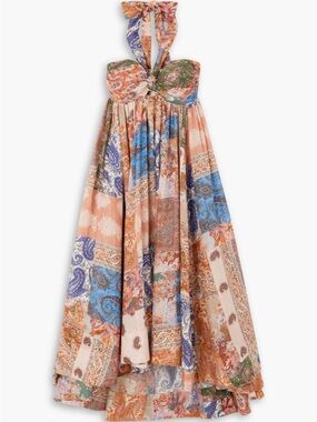 ZIMMERMANN 100% silk Devi pleated paisley-print silk halterneck midi dress